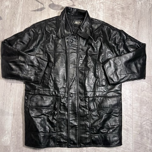Valentino, Vintage Valentino Alta Moda Italy Heavy Black Genuine Leather Utility Coat XL