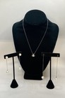 925 Sterling Silver White Faux Pearl Jewelry Set Necklace & 2 Pairs Earrings — photo 1