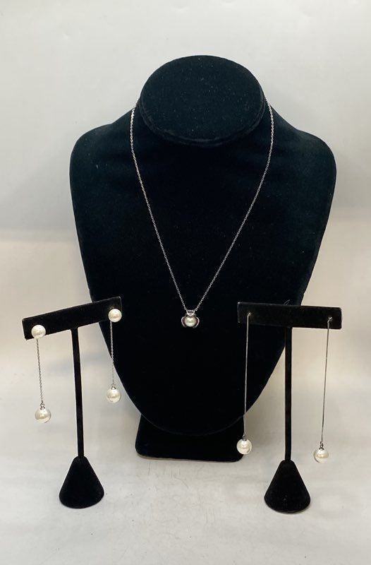 925 Sterling Silver White Faux Pearl Jewelry Set Necklace & 2 Pairs Earrings