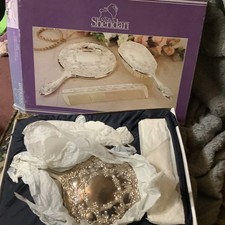Vintage Sheridan Silverplated 3 Pc Dresser Set Vanity Mirror Brush Comb New NIB
