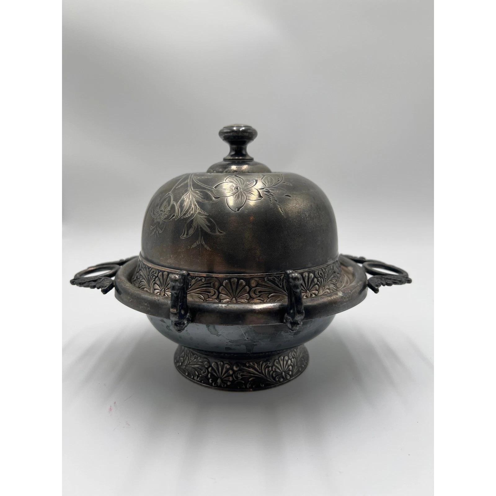 Barbour Bros Silver Quadruple Plate Butter Dish with Lid Floral Engraving