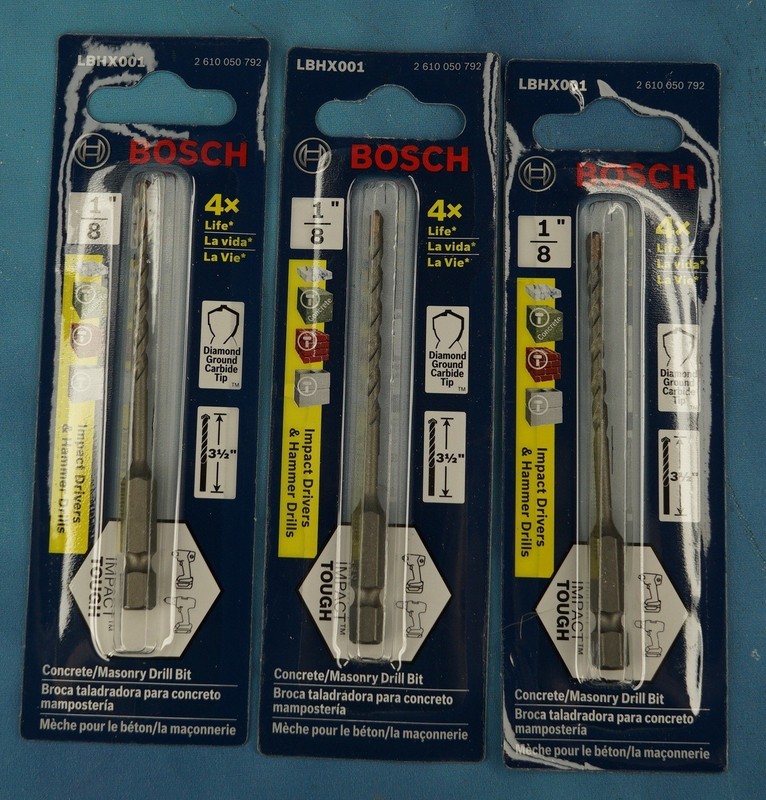 NEW 3 Bosch #LBHX001 1/8" x 3" Impact Tough High-Speed Steel Masonry Drill Bits