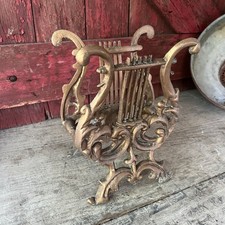 Vintage Ornate Gold Gilded Cast Iron Lyre Harp Music Stand Decor