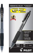 Pilot Black Pens G2 0.7mm Retractable Gel Pens, 12 Pack of Fine Ink Pens