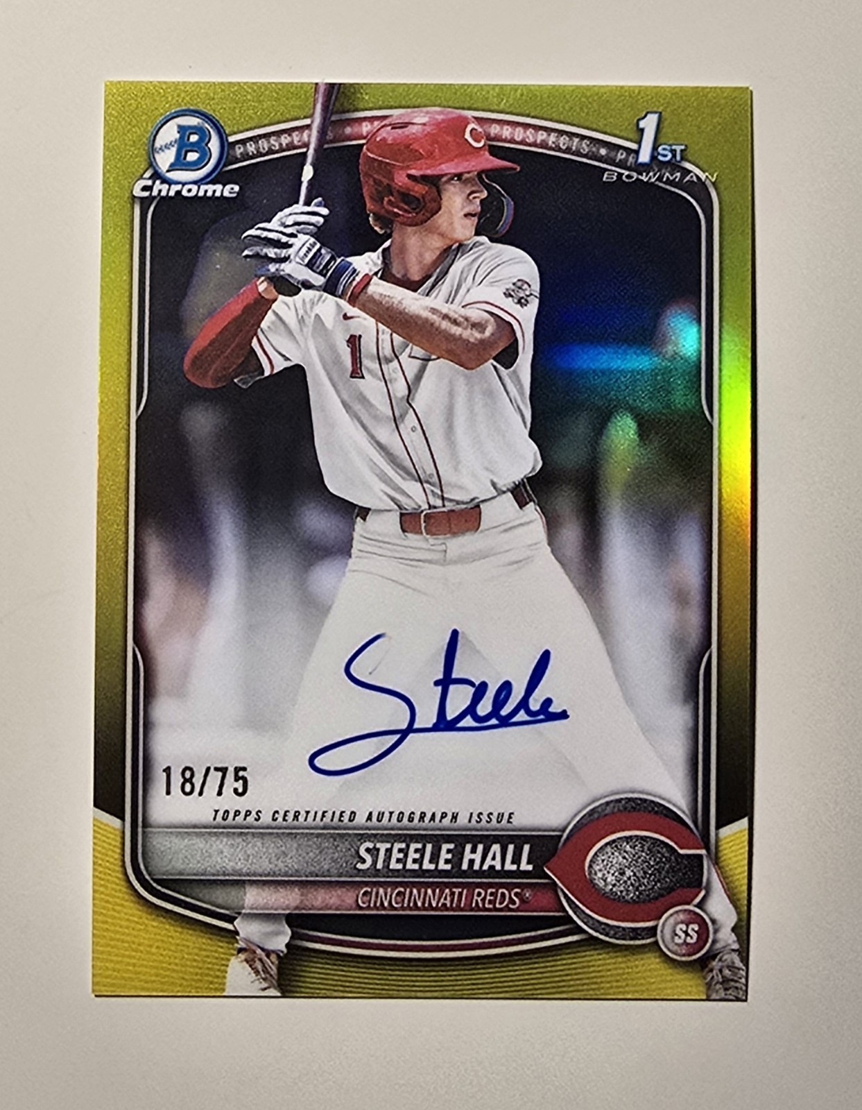 2025 Bowman Draft Steele Hall Chrome Auto Yellow Refractor 1st #/75 Reds