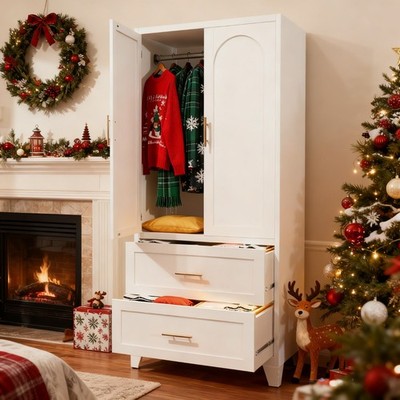71'' Tall Metal Wardrobe Cabinet   2 Drawers, Hanging Rod & Shelf | 2-Door Closet