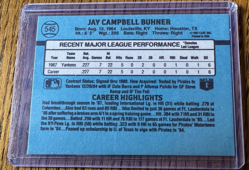 Jay Buhner RC Rookie 1988 Donruss #545 New York Yankees Estado perfeito - 10 cartões - Estado perfeito - Imagem 3 de 3
