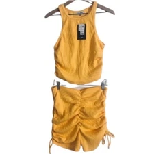 NWT Fashion Nova Know It By Heart Short Tank Yellow Ribbed Ruched Two Piece Set