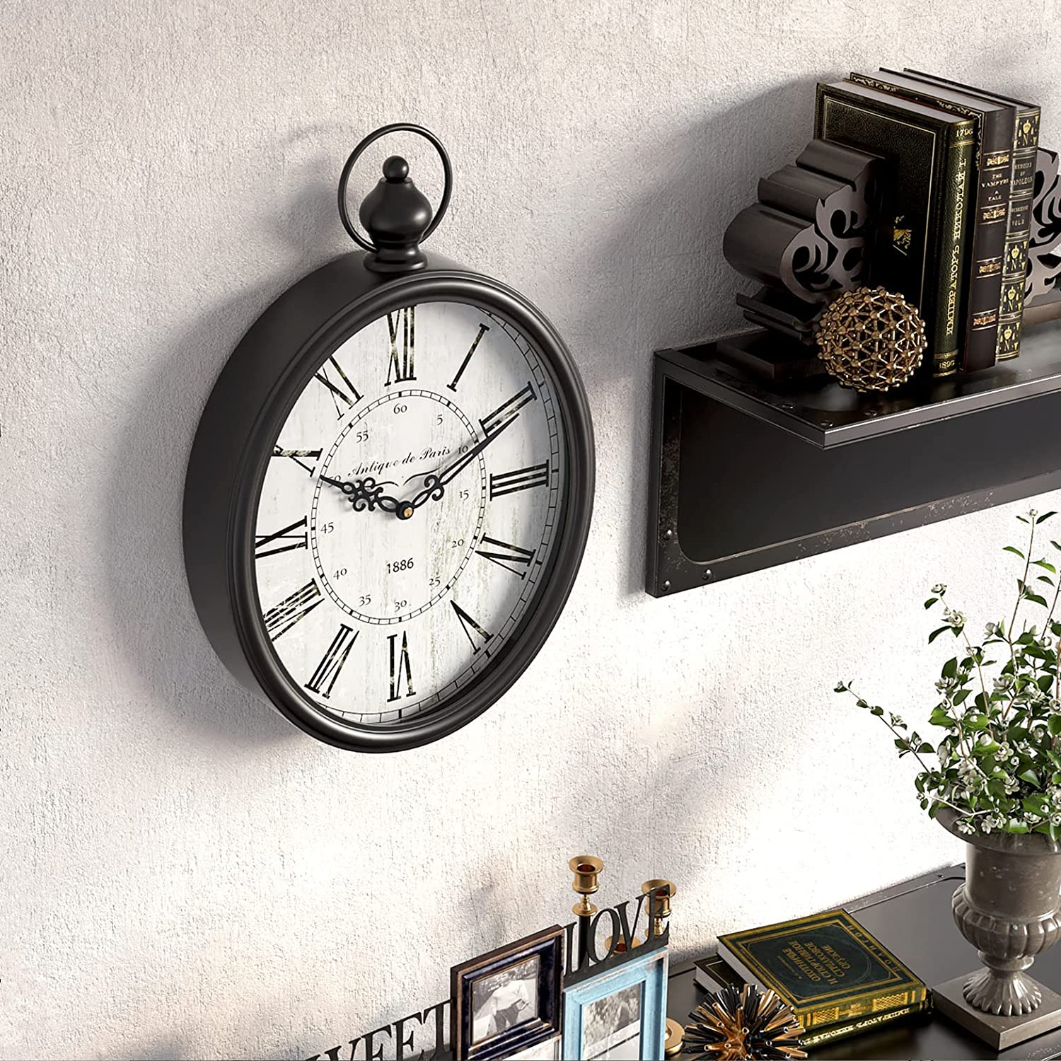 Oval Retro Wall Clock,Rustic Vintage Style,Old-Fashioned Antique Design, Battery