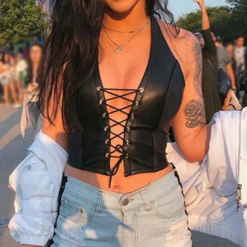 Gilet donna sexy crop top fascia vernice 2024 pelle corsetto con spalline nero - Foto 4 di 21
