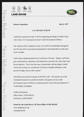 Land Rover Freelanders Supplied To RFU 1999 UK Market Press Release