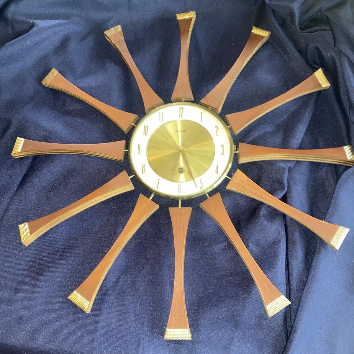 Vintage MCM Forestville Starburst Wall Clock Wood & Brass 20.5