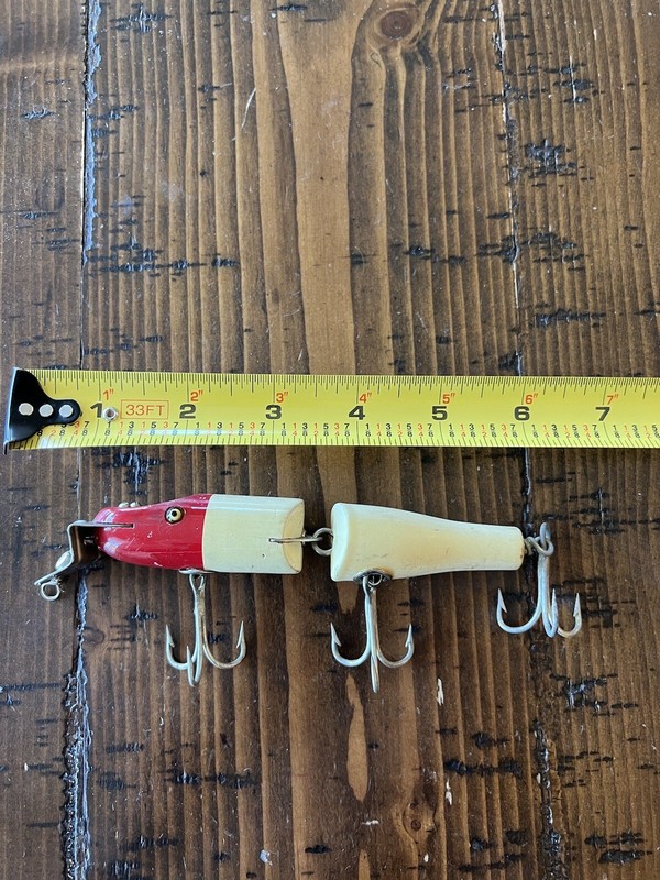 Vintage Creek Chub Red and White Wooden Jointed  Pikie Lure with glass eyes