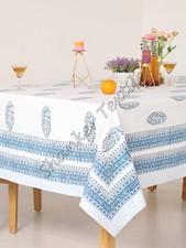 Teal Blue And White Indian Block Printed Tablecloth- Floral Cotton Table Cover
