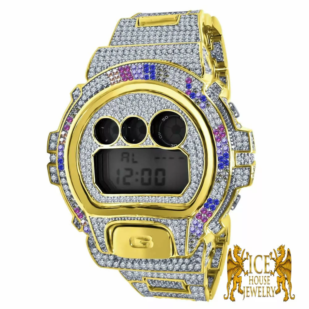Men's Bling Rainbow Diamond Simulated G Shock DW 6900 2 Tone