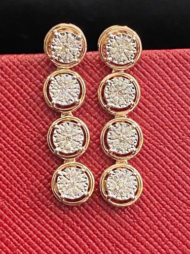 Pave 0.40 Cts Round Brilliant Natural Diamonds Halo Dangle Earrings In 14K Gold - Picture 10 of 12