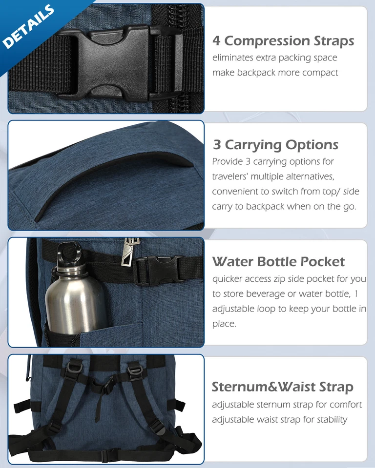 40L Flight Approved Carry on Backpack Travel Expandable Large Suitcase Weekender - Image 4 of 4