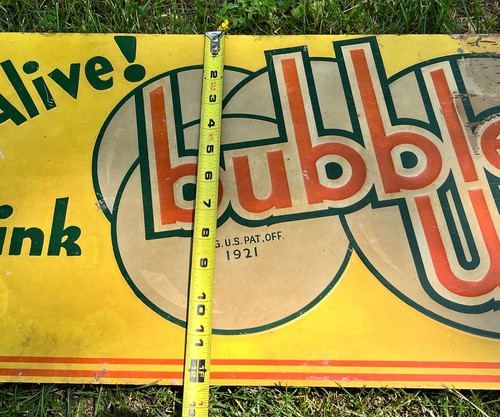 Vtg 1930s 40s Bubble Up Soda Pop 5¢ Advertising Embossed Metal Sign 27.25” - Picture 15 of 15
