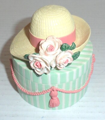 Vintage Two's Company Ceramic Sun Hat with Pink Roses Trinket Hat Box 3.5'' Tall
