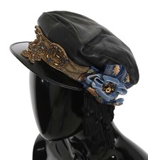 DOLCE & GABBANA Hat Black Leather Crystal Beads Gold Ribbon Fiddler Cap s. 56/XS