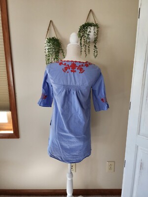 green emerald velvet dress Madewell Blue Chambray Embroidered Lightweight Short Sleeve Tunic Dres –  Thrift Threads main image 0