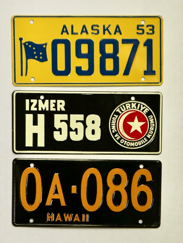 1953 Wheaties Cereal 3 Metal License Plates Alaska, Hawaii & Turkiye Bicycle
