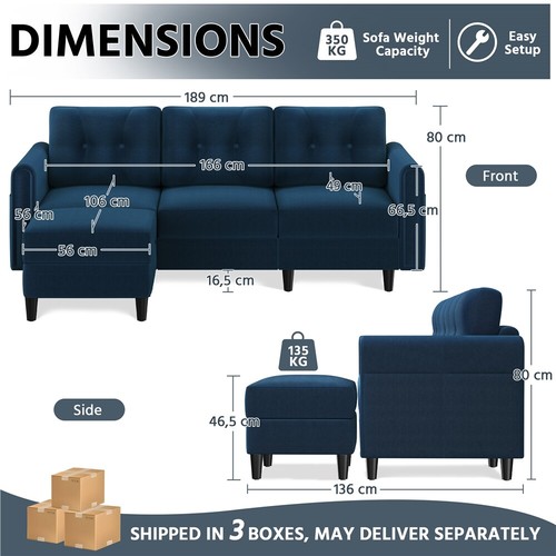 Ecksofa 3-Sitzer Sofa mit Polsterhocker Eckcouch in L-Form Rechts/Links - Bild 21 von 27