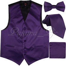 Deep Purple Solid Vest Waistcoat and Straight Cut BowTie Necktie Hanky Wedding