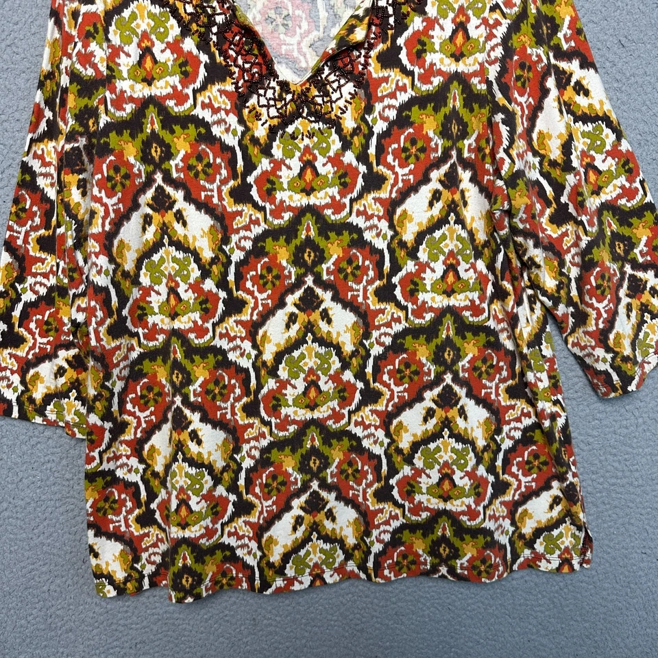 Top Charter Club 1X Plus Estampado Boho Ikat Colorido Cuentas Manga 3/4 Mezcla de Algodón Foto 3 de 4