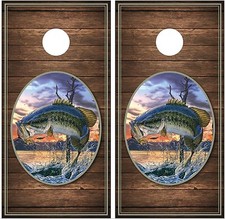 Bass Jumping Fishing Wood Background Cornhole Board Decal Wrap Wraps