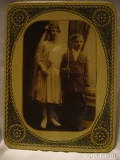 Antique Celluloid Photo Boy  Girl in Religious Outfits Green Trim 6x8