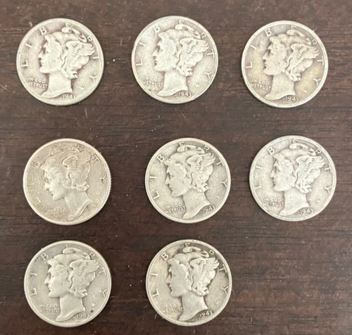 MERCURY DIMES 1943 Lot of 9 SILVER Circulated Good Condition