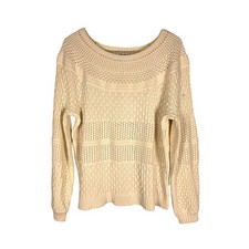 Talbots Women's Cream Knit Round Neckline Pullover Crochet Sweater Size Large