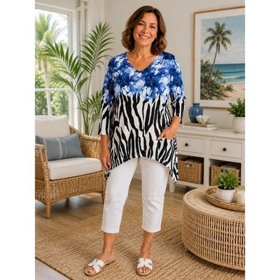Susan Graver Liquid Knit Tunic Top Women Large Blue White Floral Zebra Print