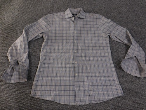 Hugo Boss Shirt Mens 16 Large Blue Gray Plaid Sharp Fit Button Down Dress Top - Picture 2 of 15