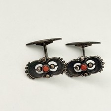 Vintage Sterling Silver Coral Stone Oxidized Cufflinks