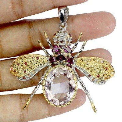 925 Sterling Silver Pendant Oval Ametrine 21.2ct Bee Handmade Gemstone Jewelry