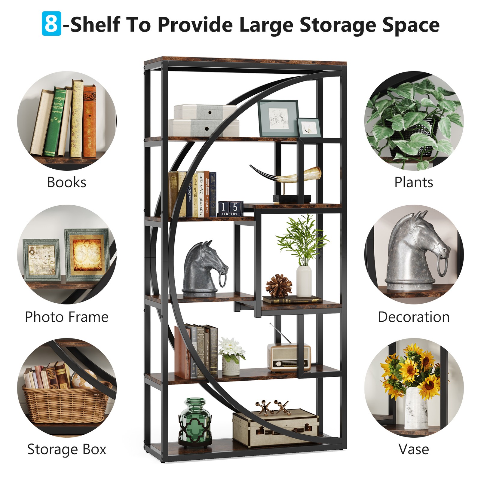 Industrial 5-Tier Bookcase Bookshelf with 8 Open Storage Rack Display Shelf