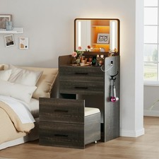3 in 1 Vanity Desk Flip Top Mirror and 3 Color Lights Charging Station Glass Top
