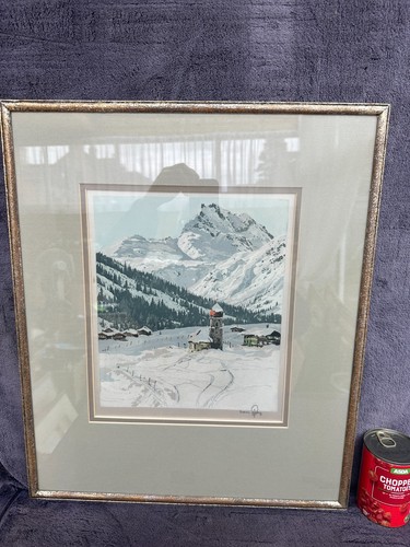 Large Framed Signed Mountain Scene Screen Print on Silk (GOOD CONDITION)