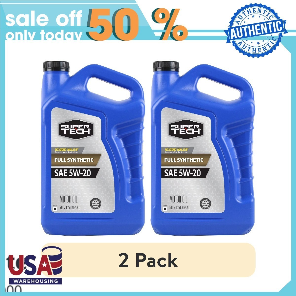 🔥COMBO 2 PACK🔥 Super Tech Full Synthetic SAE 5W-20 Motor Oil, 5 Quarts