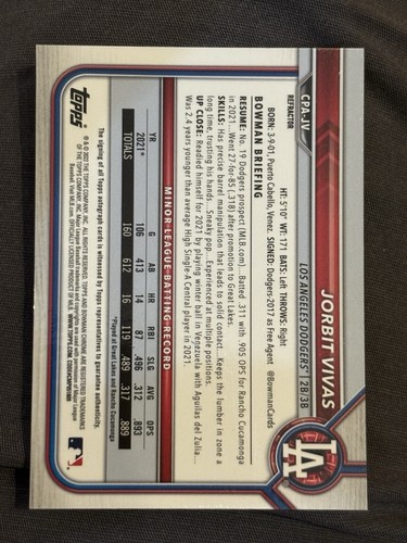 2022 Bowman Chrome Jorbit Vivas #/499 1st Bowman On-Card AUTO Refractor #CPA-JV - Picture 2 of 2