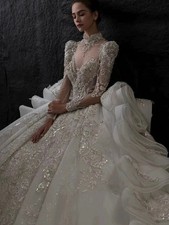 Layered Pleated Long Sleeved Wedding Dress with Lace Beaded Crystal Bridal Gown