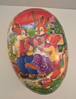 Vintage German Nestler Large 9.75'' Egg Paper Mache Bunny Family On Bench 