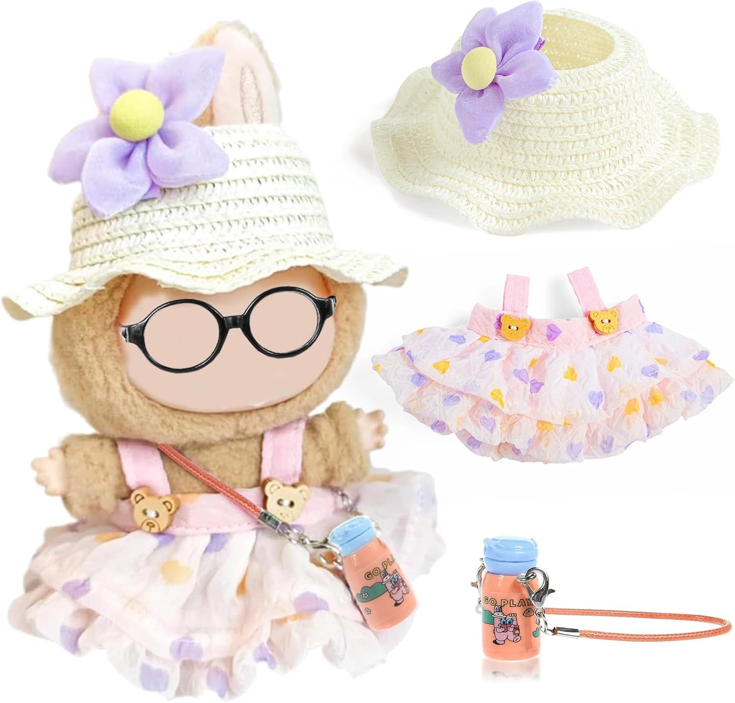Labubu Green Floral Dress Set with Hat Bag and Hair Clip Excludes Doll and Glasses