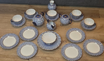 Authentic LFZ Lomonosov Imperial Porcelain Cobalt Net 24pc Tea Set 22k Gold 