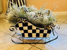 McKenzie Childs STYLE Hand Painted Checkered Christmas Sleigh Mantle Centerpiece