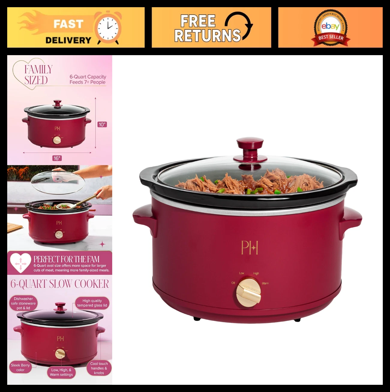 6-Quart Manual Slow Cooker - 3 Settings (Low, High, Warm), Nonstick Stoneware, F