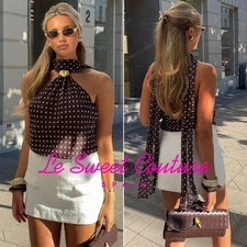 ZARA WOMAN FW25 ECRU/ BROWN HARDWARE POLKA DOT HALTER TOP 1165/174/086