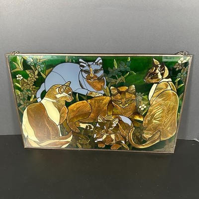 VTG Joan Baker Designs Tiffany Style CATS Stained Glass Panel